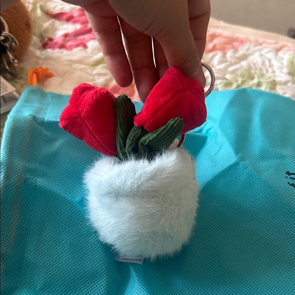 Plush Red Rose Keychain with White Faux Fur Pot